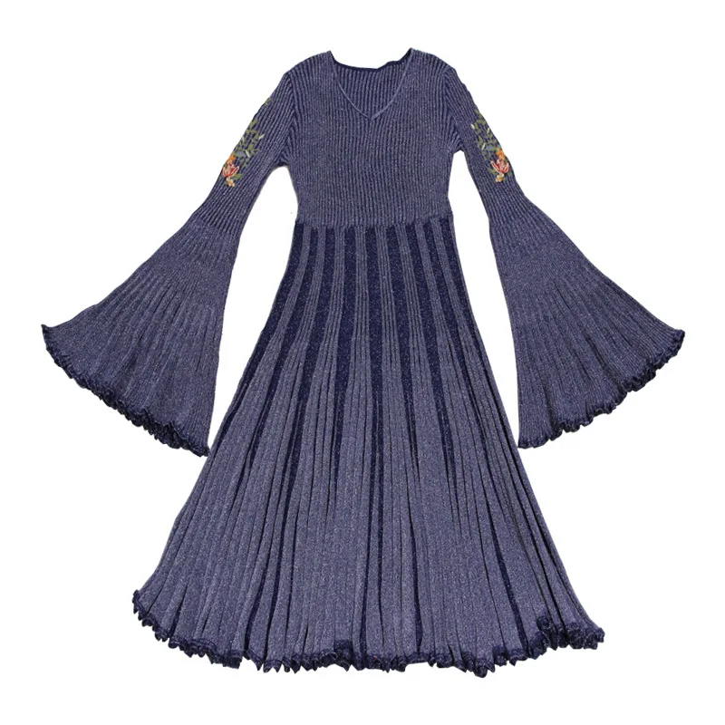 

ATKULLQZ High quality Hot Women's Winter New clothing Sleeve Slim Knit Dress Vintage Embroidered Long Sleeve Dress women clothes