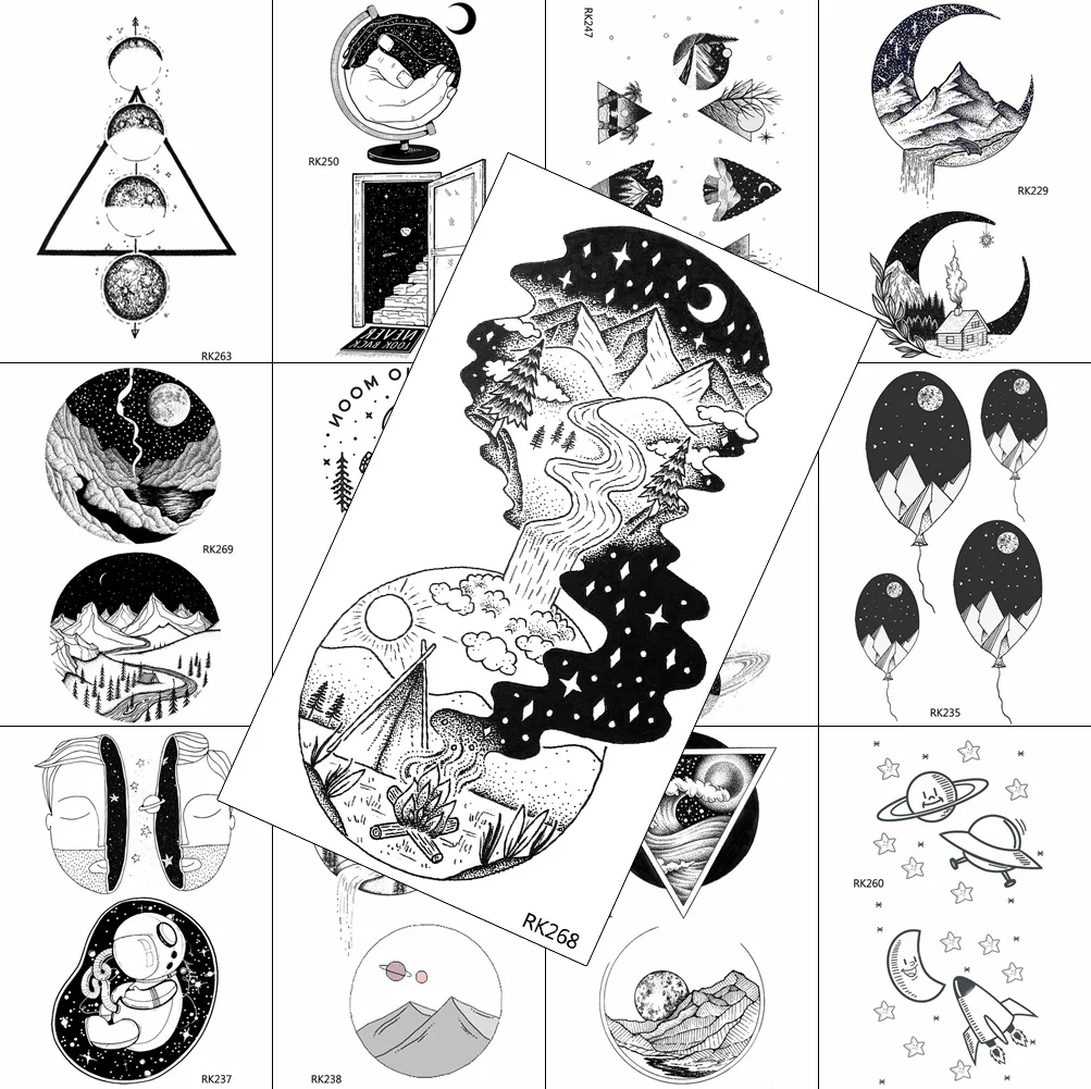 

Geometric Mountain Forest Temporary Tattoos Black Galaxy Realistic Waterpoof Tattoo Sticker For Adult Body Art Arm Tattoos Paper