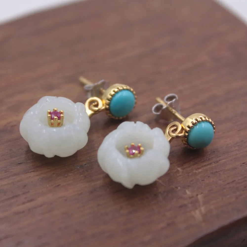 

Элегантный стерлингового S925 серебро и сорта хотанской (Hetian) нефрита и бирюзовые серьги для женщин; Обувь для женщин и девушек 22*14 мм очароват...