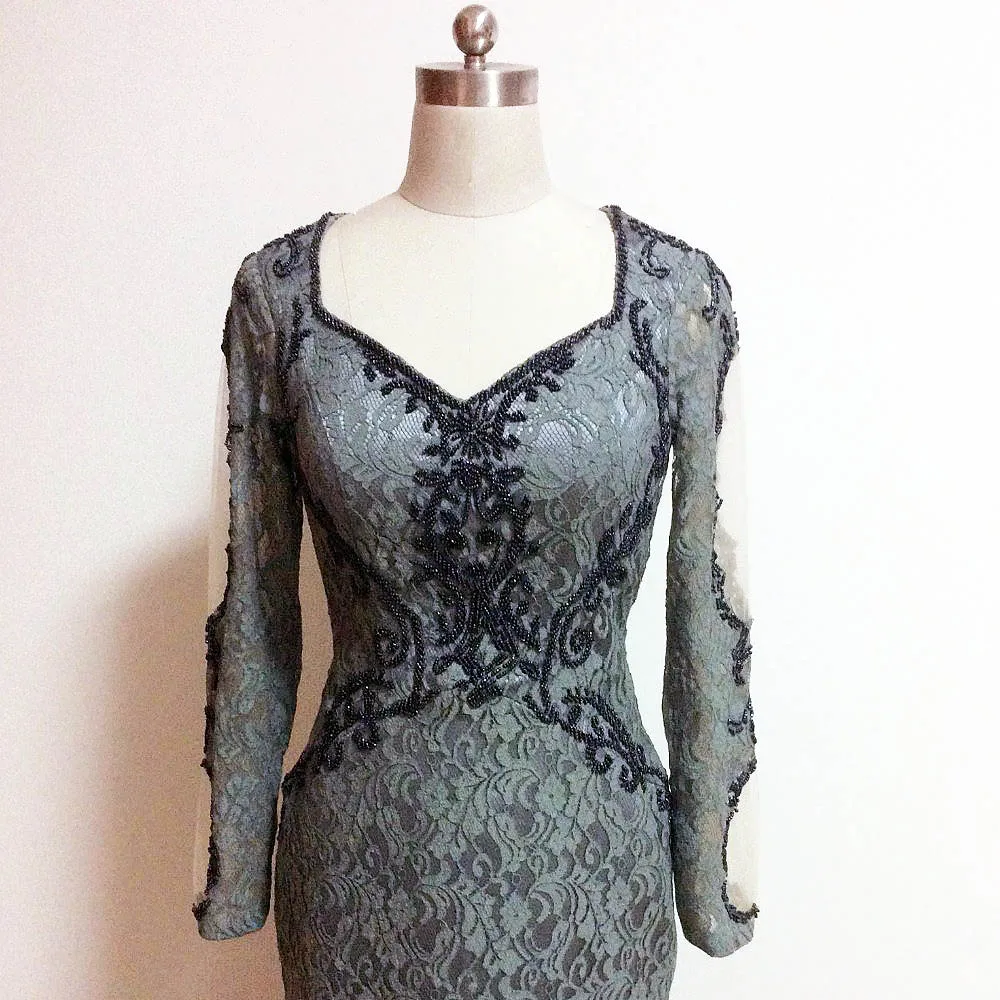 JIRUIZE серые кружева вышитые бисером Длинные рукава Русалка Вечерние платья v-образным вырезом Формальные платья Мать невесты платья