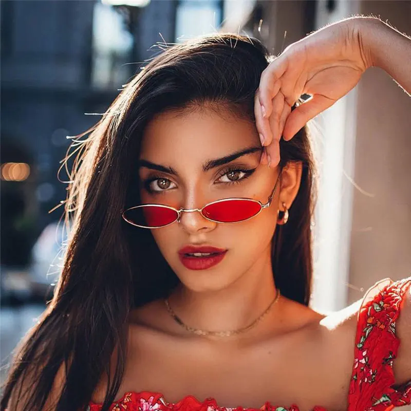 Trend Narrow Oval Glasses Retro Brand Designer Women Men Hip Hop Sun Red Yellow Cute Small Sunglasses Metal Oculos | Аксессуары для