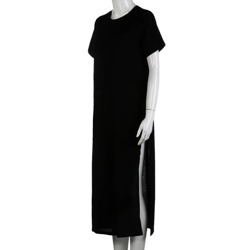 Женское прямое однотонное длинное платье с коротким рукавом и круглым вырезом