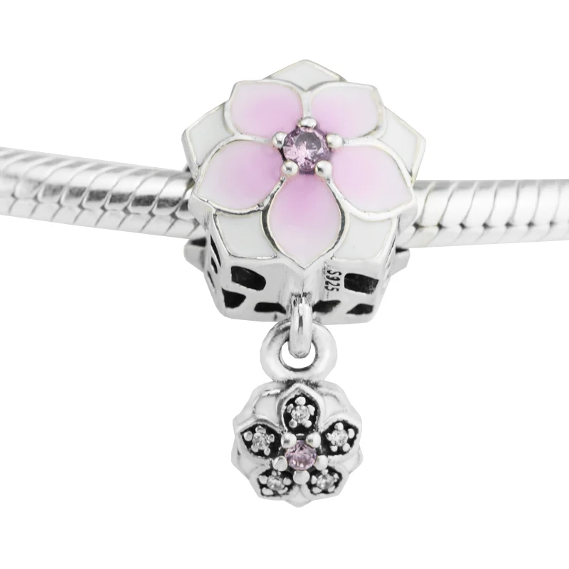 

Magnolia Bloom Pale Cerise Enamel Pink & Clear CZ Charm Fits Silver Charm Bracelet 925 Sterling Silver Jewelry Bead DIY