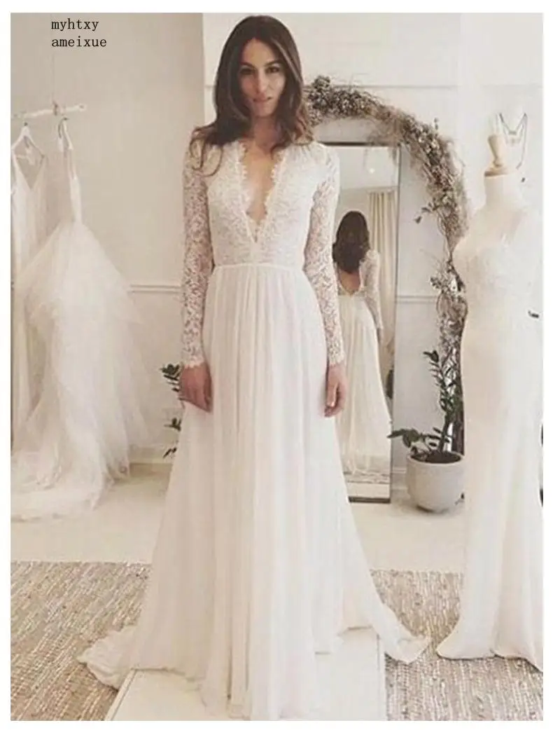 

Long Sleeves Cheap Wedding Dress 2020 White/ivory Lace Top A-line Sexy Romantic Sexy Deep V Neck Bridal Gown Vestidos De Noiva