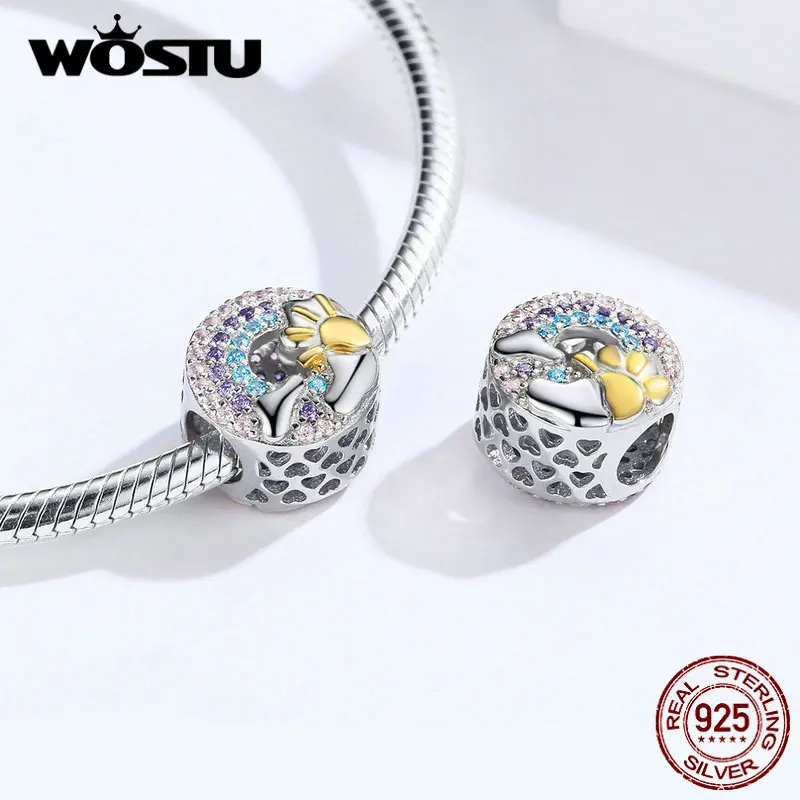 WOSTU, радужные и золотые солнцезащитные бусины, 925 пробы, Silve, шарм, подходит для женщин, браслет, подвеска, сделай сам, изготовление ювелирных изделий CQC1255