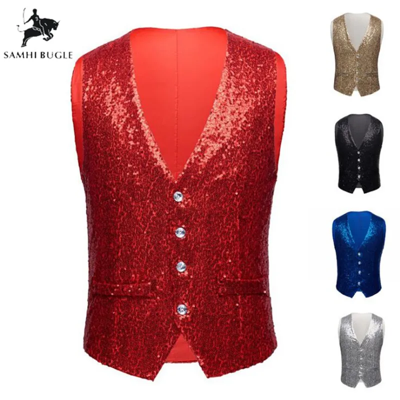 Men Paillette Waistcoat Luxurious Gold Silver Red Blue Full Sequins Wedding Groom Vest Gilet Homme DJ Bar Singers Costume |