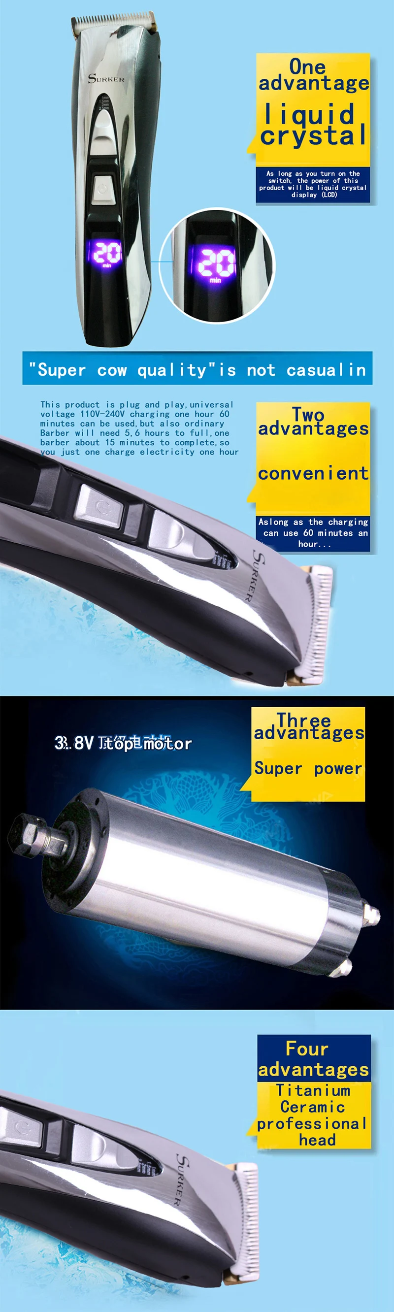 SURKER HC-575 перезаряжаемая электрическая машинка для стрижки волос Тихий триммер для волос светодиодный дисплей Электрический фейдер машинка для стрижки волос с европейской вилкой