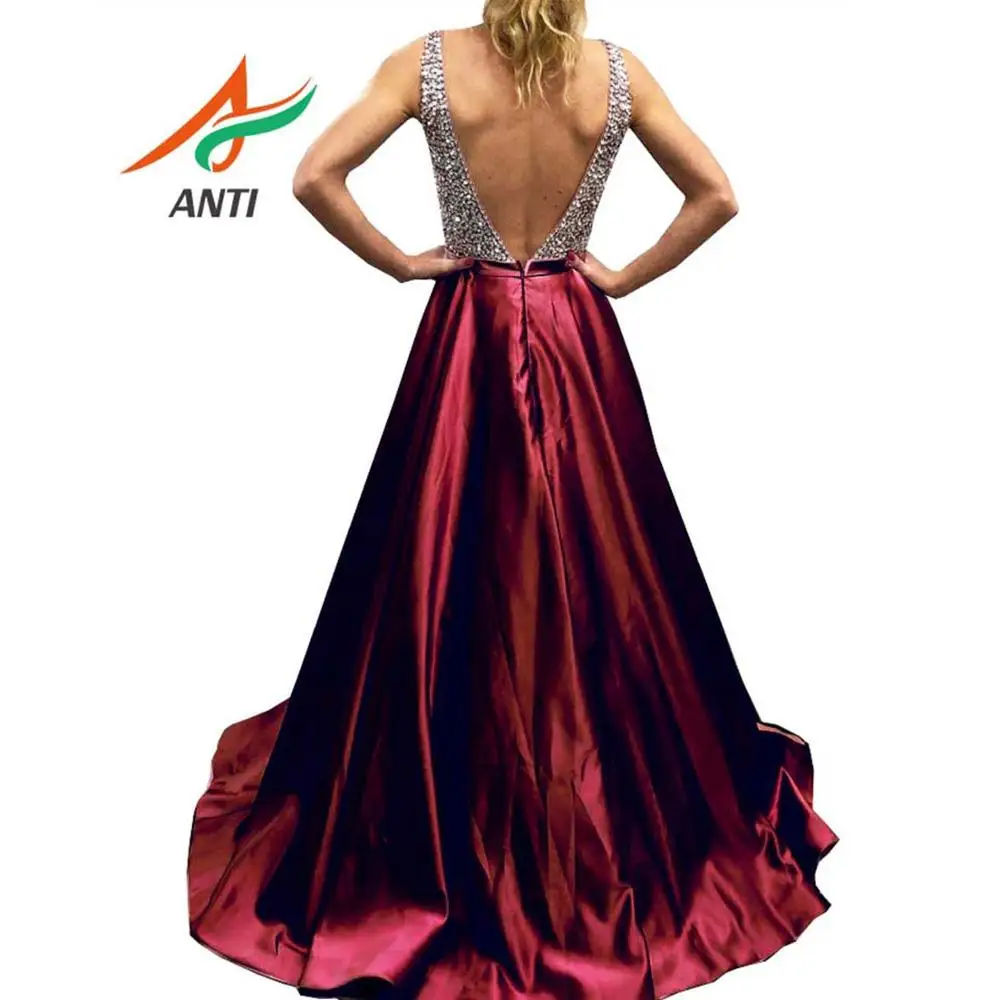 Женское атласное платье с блестками длинное Бордовое трапеция V образным вырезом