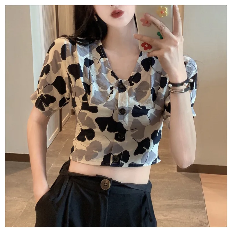 Korean style sweet crop tops v-neck print short sleeve Women's Clothing Blouses Shirts fashion brand high quality aesthetic hot | Женская