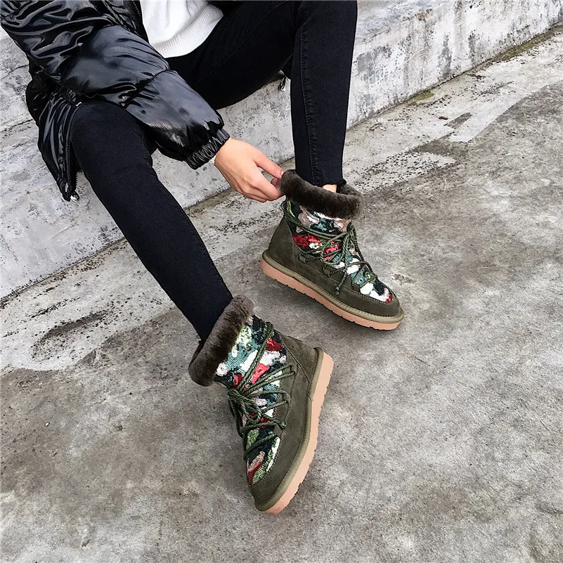 Meotina/зимняя теплая шерстяная обувь зимние сапоги женские ботильоны на плоской подошве с натуральным мехом обувь из коровьей замши смешанных цветов с круглым носком женская обувь; большие размеры 34-43