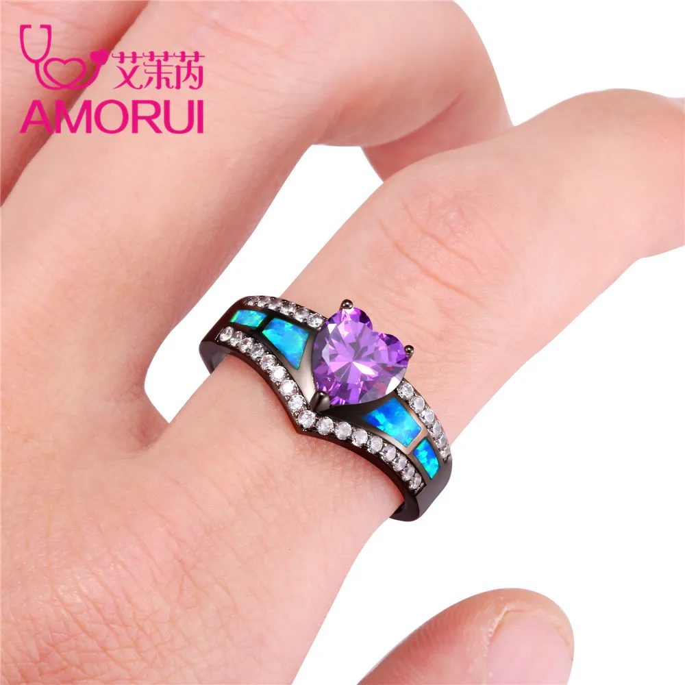 AMORUI, винтажная черная золотая, Радужная, фиолетовая, зеленая, синяя, CZ камень, сердце, обручальные кольца для женщин, модное кольцо с опалом, ювелирное изделие, подарок