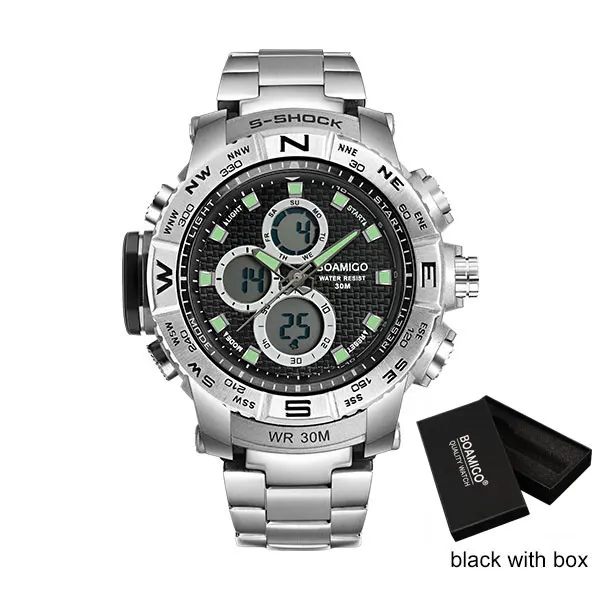 S-SHOCK, мужские спортивные часы, стальной светодиодный, цифровые часы, аналоговые кварцевые часы, BOAMIGO, Брендовые Часы с хронографом, 30 м, водонепроницаемые, reloj hombre - Цвет: black with box