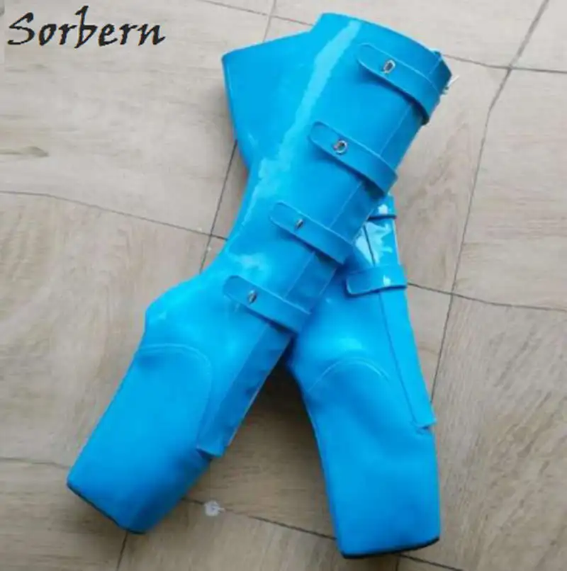 Sorbern/женские сапоги до колена; английская обувь; черные сапоги с замочком; сапоги с квадратным носком; балетная обувь на танкетке; обувь унисекс - Цвет: Ligh Blue Shiny
