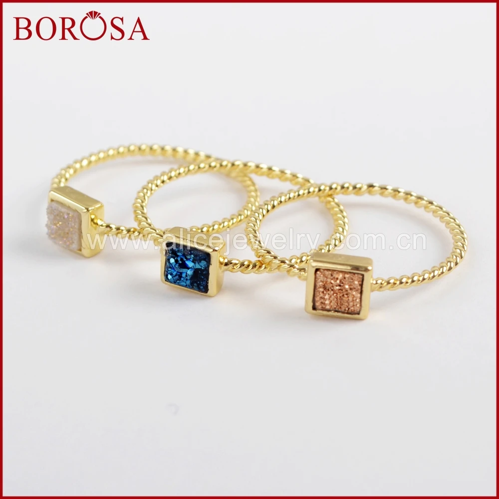 BOROSA 10 шт. Золото Цвет 4 мм квадратный друзовидный камень кольца для женщин, натуральный Агаты Титан Радужная Друза ободок кольцо ювелирные изделия ZG0286