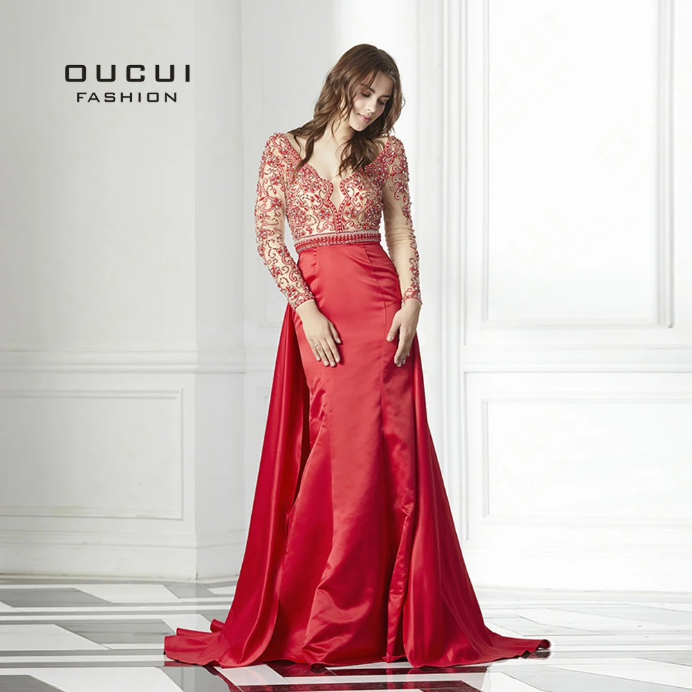 

Длинное вечернее платье-Русалка со шлейфом, длинным рукавом и V-образным вырезом