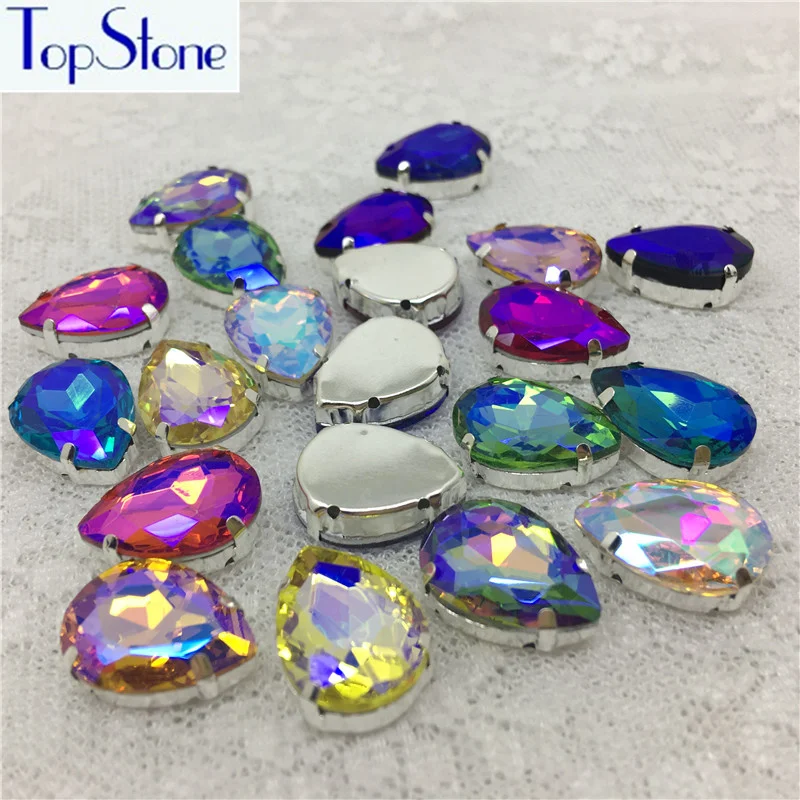 Glass Crystal Teardrop Droplet Sew On Rhinestones With Silver Claw Setting All AB Colors Sew-On Stone 10x14~20x30MM | Дом и сад
