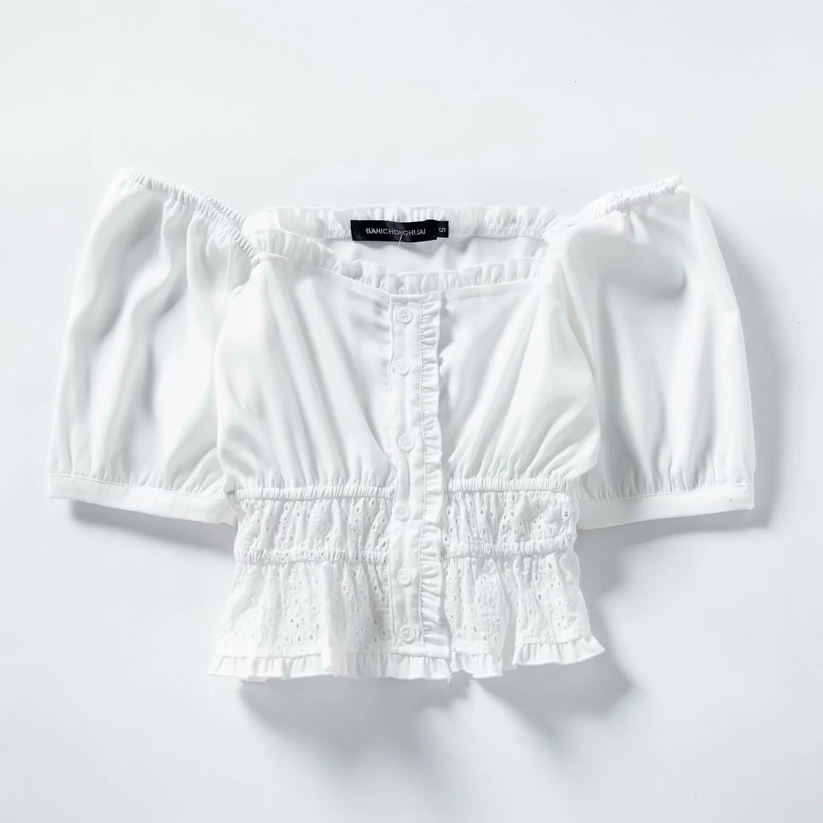 Летний топ с длинным рукавом белый женский короткий оборками и квадратным