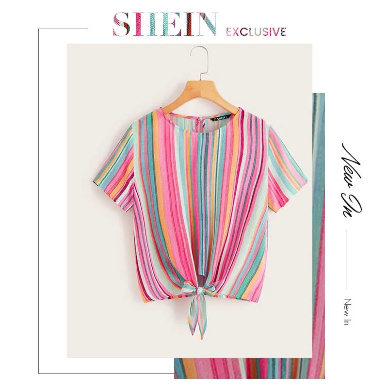 SHEIN Женские топы и блузки в разноцветную полоску с узлом спереди, повседневные летние блузки с коротким рукавом и пуговицами