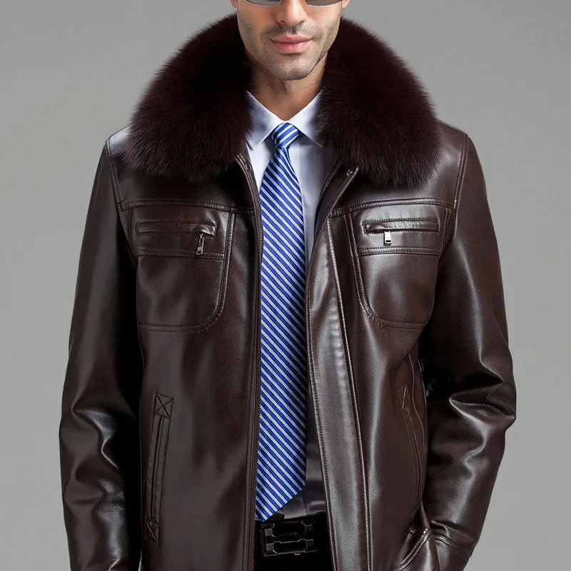 

Real fox fur collar detachable natural mink fur liner winter jackets men faux leather coats outerwear 2018 new autumn