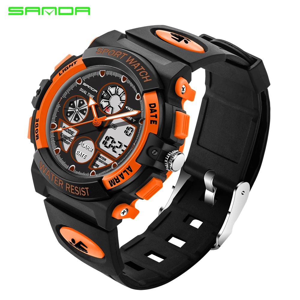 SANDA детские часы спортивные светодиодный водонепроницаемый с двумя дисплеями