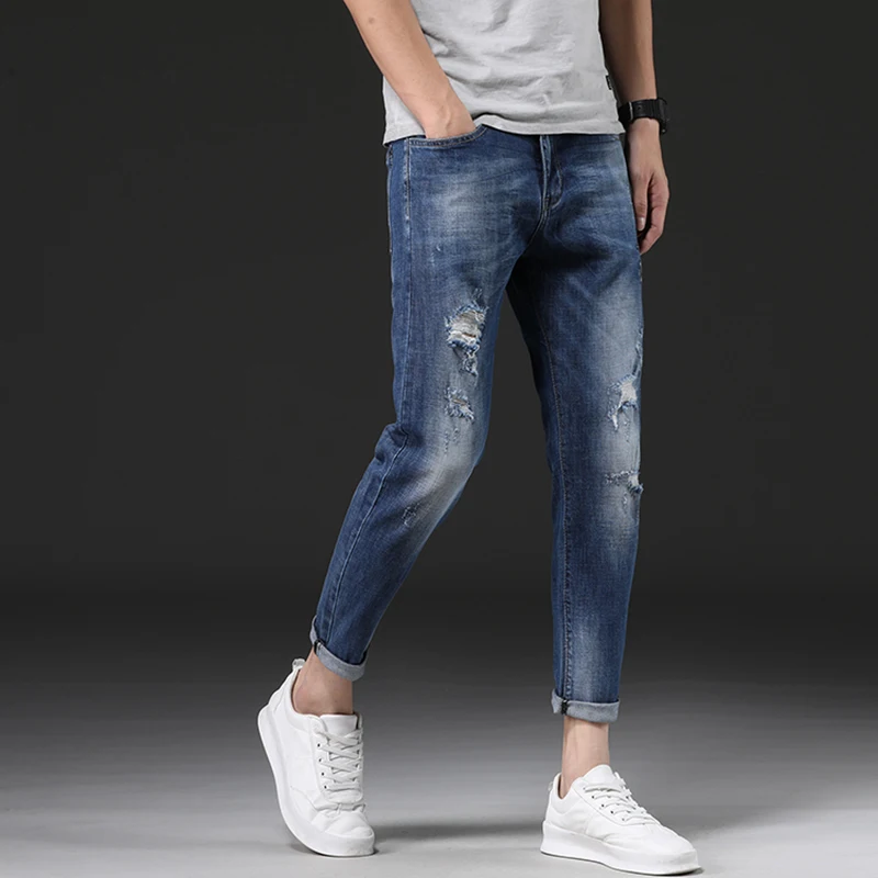 2018 лето голубой ботильоны Длина Для мужчин джинсы Slim Fit джинсовые штаны рваные