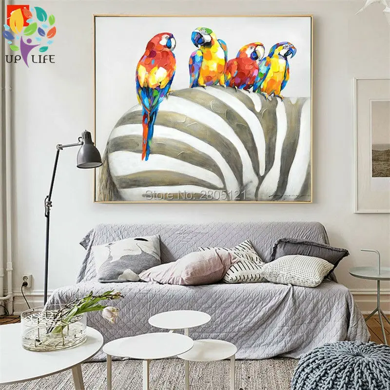 

hand painted modern ideas designed animals canvas wall art color parrot on zebra oil paintings bedroom decoration unique gift
