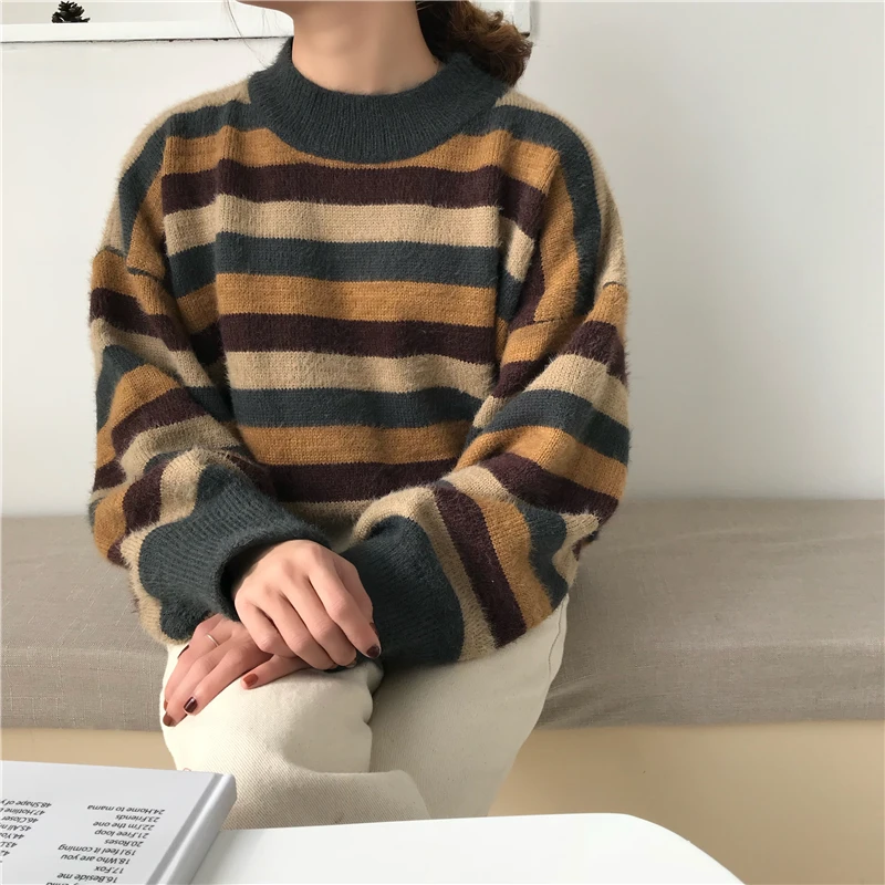 2018 новые женские зимние свитера шикарные в полоску Харадзюку популярные цвета
