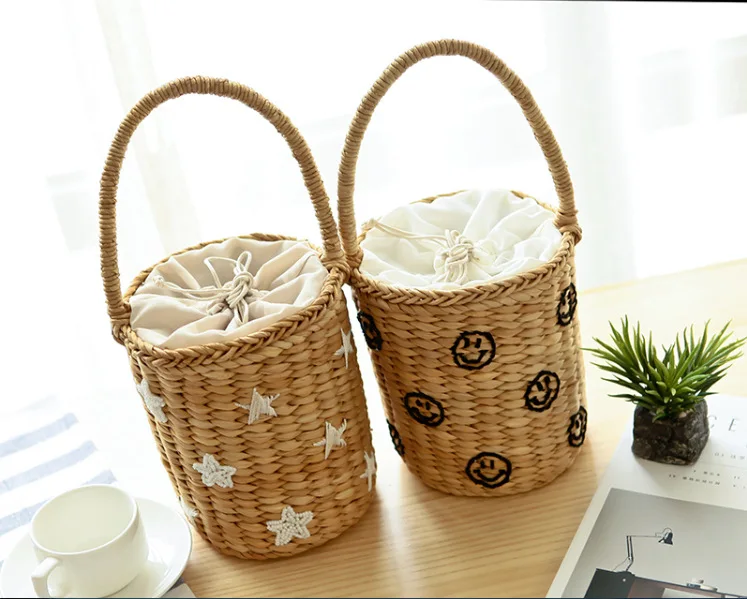 Пляжная сумка с вышивкой из бисера маленькая Соломенная Сумка ведро женские