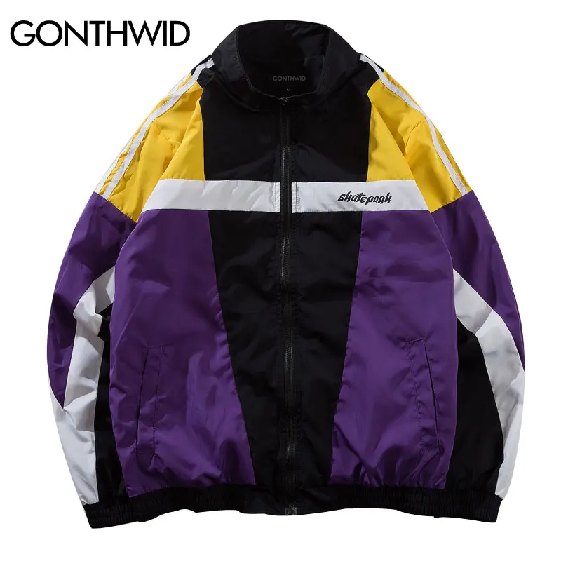 GONTHWID Винтаж цвет блок лоскутное куртки осень 2018 г. хип хоп Полный Zip Up Track ветровка