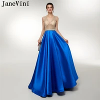 janevini luxury arabic satin prom dresses blue long a line 2019 deep v neck sleeveless heavy beading sheer back sexy satin gowns