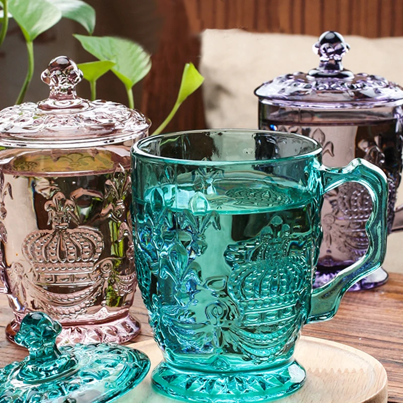 

Рельефная модная стеклянная чашка с ремешком, крышка, стеклянная Бытовая Бессвинцовая Хрустальная чашка с цветами, чайная чашка с рельефно...