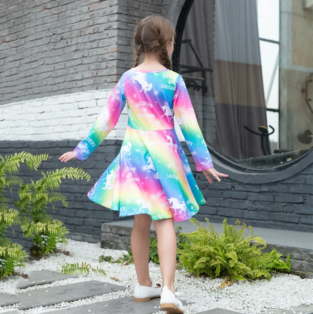 2019 Новое милое уникальное Радужное платье с единорогом для девочек весенние