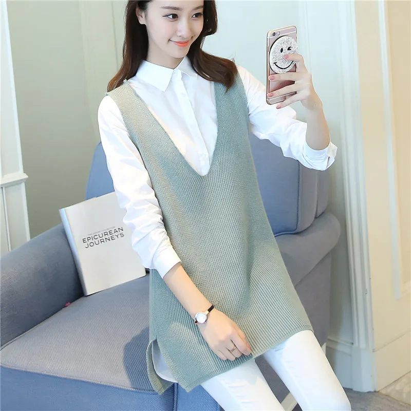 Loose V-neck long sweaters women's head sleeveless sweater vest outer jacket |