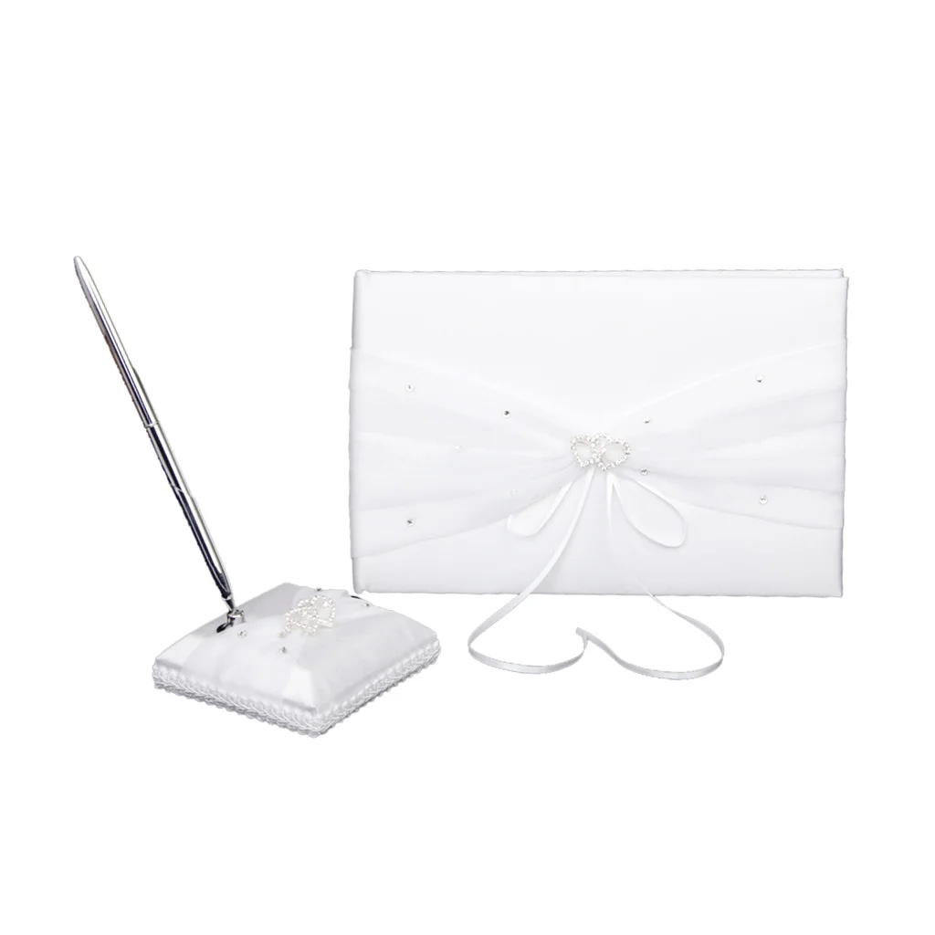 Белый двойной сердце горный хрусталь украшенная атласная гостевая книга для