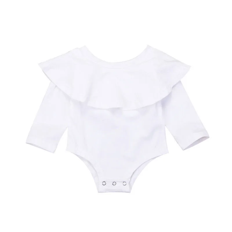 White Toddler Kid Baby Girls Solid Color Off Shoulder Long Sleeve Fashion Romper Jumpsuit Outfits Set Clothes Hot Sale - Color: White