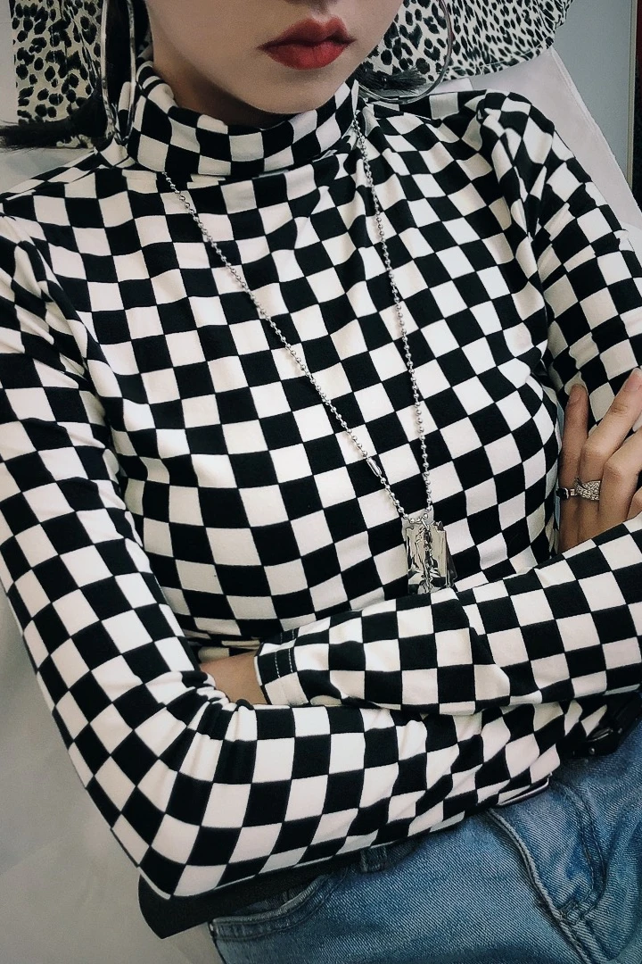 Jasmine summer thin black and white plaid take a T-shirts female hip-hop Hong Kong long-sleeved T-shirt tees | Женская одежда