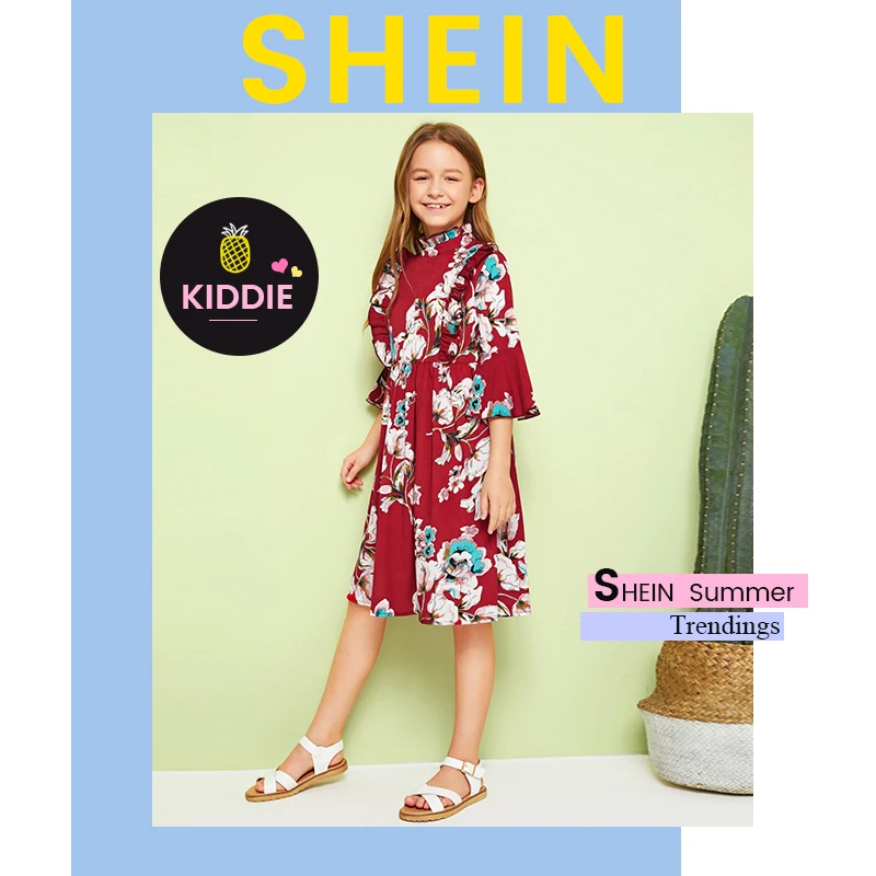 SHEIN/детское милое платье для девочек со стоячим воротником с цветочным принтом и рюшами; коллекция года; летние платья до колена с рукавами-воланами