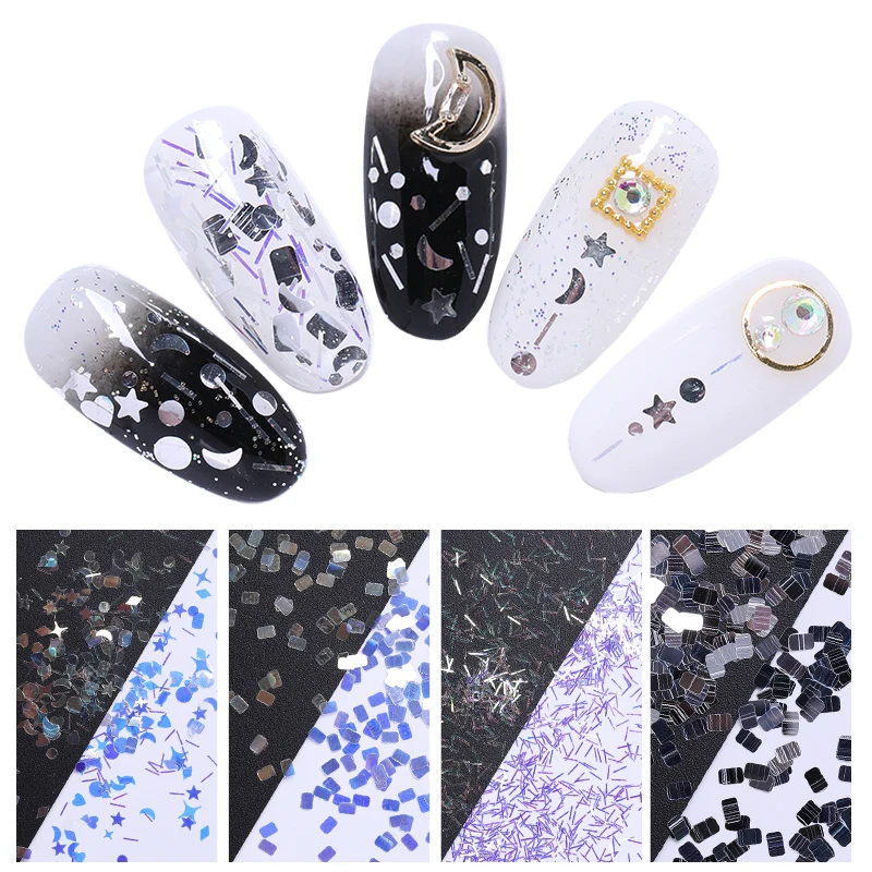 1 коробка ногтей блёстки 3D украшения советы Смешанные Серебряные узоры хлопья