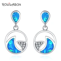 rolilason for women circle pattern design created blue fire opal drop earrings silver plated earrings wedding jewelry oe739