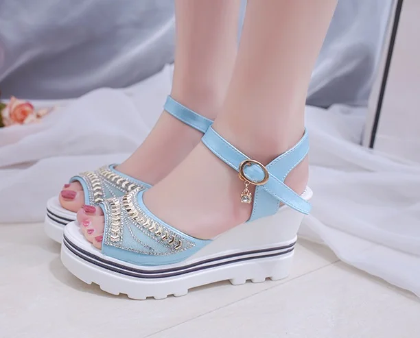 

2019New Women Summer Sandals Thick Heel Platform Wedges Sandals Sexy Beading Slippers Sandalias Slides White Black High Shoes