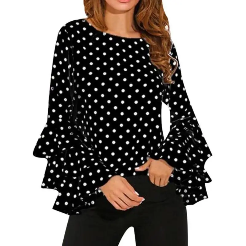 

2019 Women Blusas Polka Dot Print Flare Sleeve Shirts O-neck Long Sleeve Chiffon Blouse Tops Korean White Black Blouse