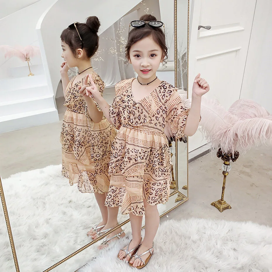 Летние платья для девочек детские с леопардовым принтом богемное платье Одежда