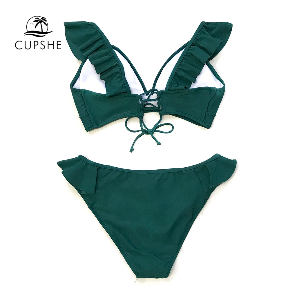 Женский купальник бикини CUPSHE однотонный зеленый на шнурках из двух предметов