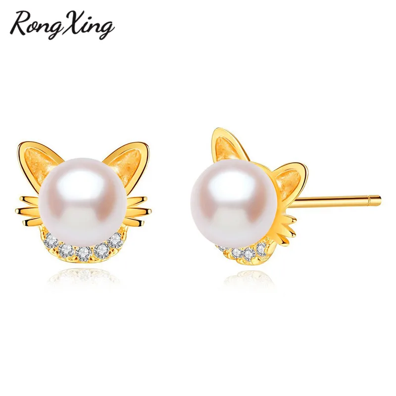 Женские серьги гвоздики RongXing с милым животным жемчугом и котом серебряные