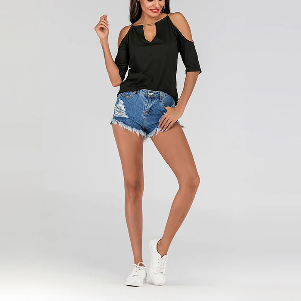 Футболка женская с открытыми плечами и рукавом 3/4 на бретелях|Футболки| |