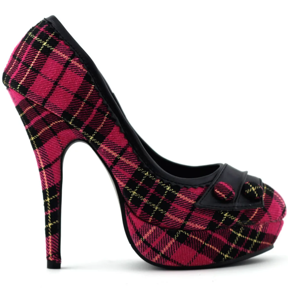 

LF30441 Hot Pink/Red Checkered Buttons Platform Stiletto Party Pumps