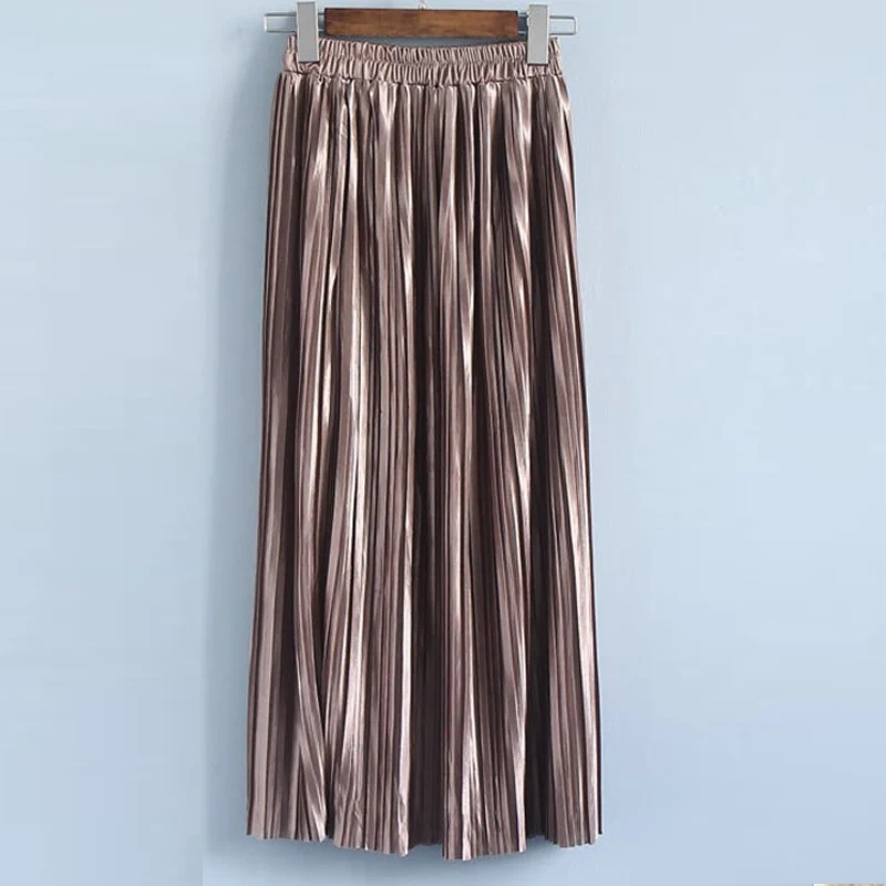 Khaki SheBlingBling винтажные женские плиссированные юбки цвета металлик, Длинные эластичные юбки с высокой талией, весна-осень, модные уличные вечерние юбки макси - Цвет: Khaki