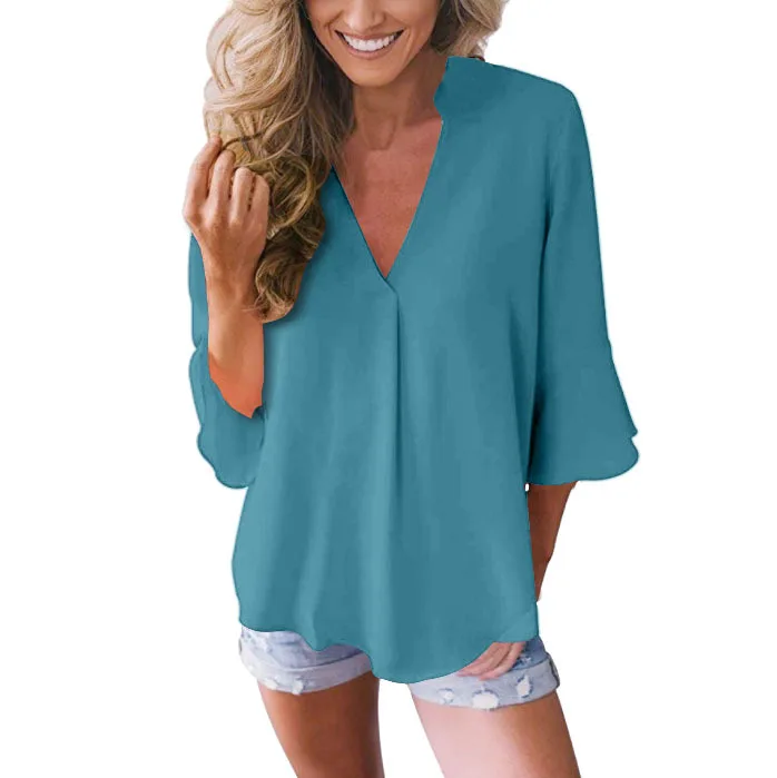 

Fashion Women Chiffon Blouse 3/4 Sleeve Sexy solid Blouse V Neck Lady Office Shirt Tunic Casual Loose Tops Plus Size Blusas