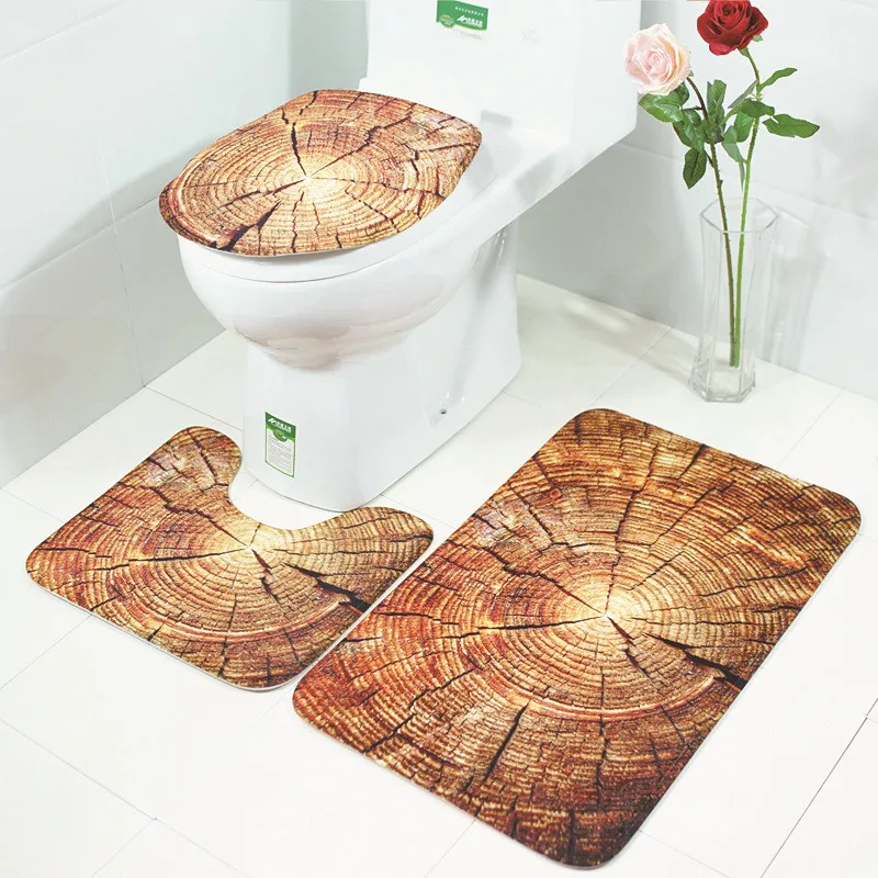 

3 PCS Toilet Floor Mat Set Non-Slip Flannel Bathroom Carpet with crude wood & Seashell starfish printing Toilet Cover and Rugs