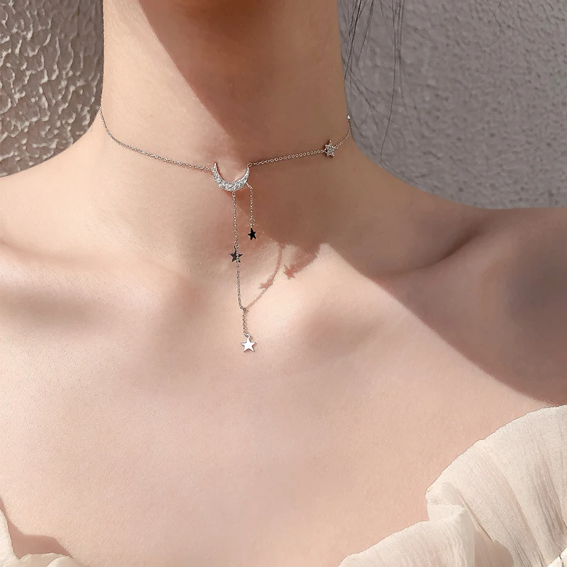 Серебро 925 пробы, звезда, луна, кисточка, ожерелье, Женская Корейская версия, ключица, цепь, простая личность